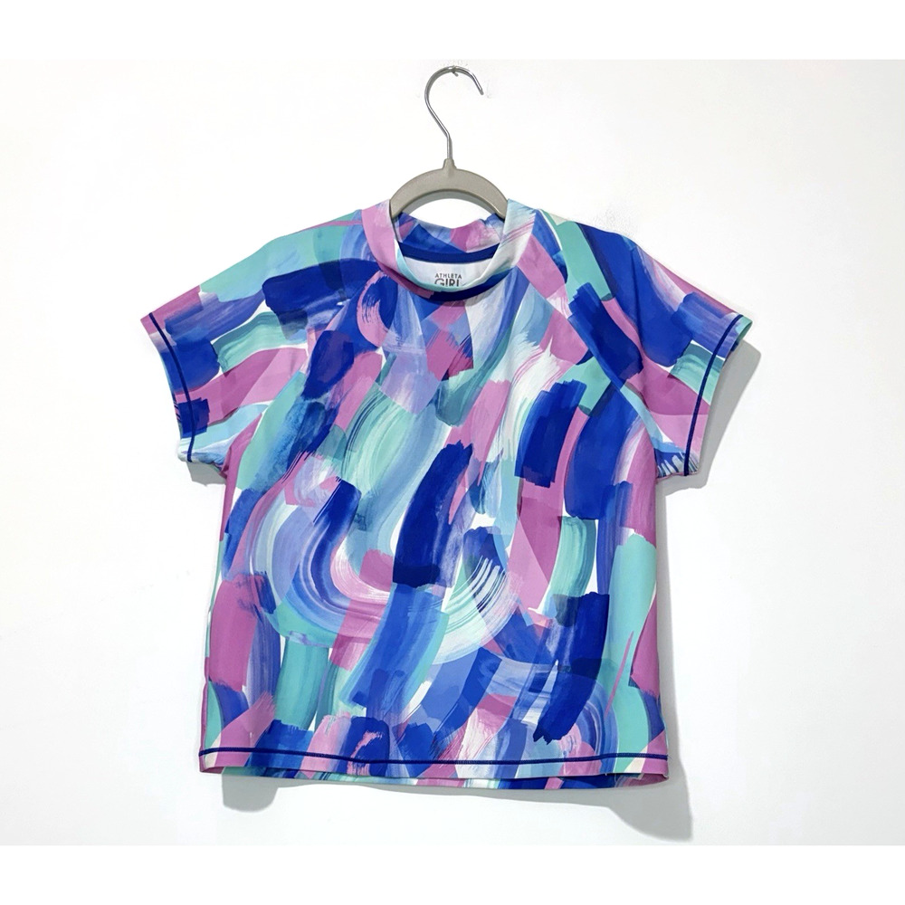 Athleta Girls Mock Neck Rashguard Swim Tankini Top XL 14 Pink Blue Short Sleeve